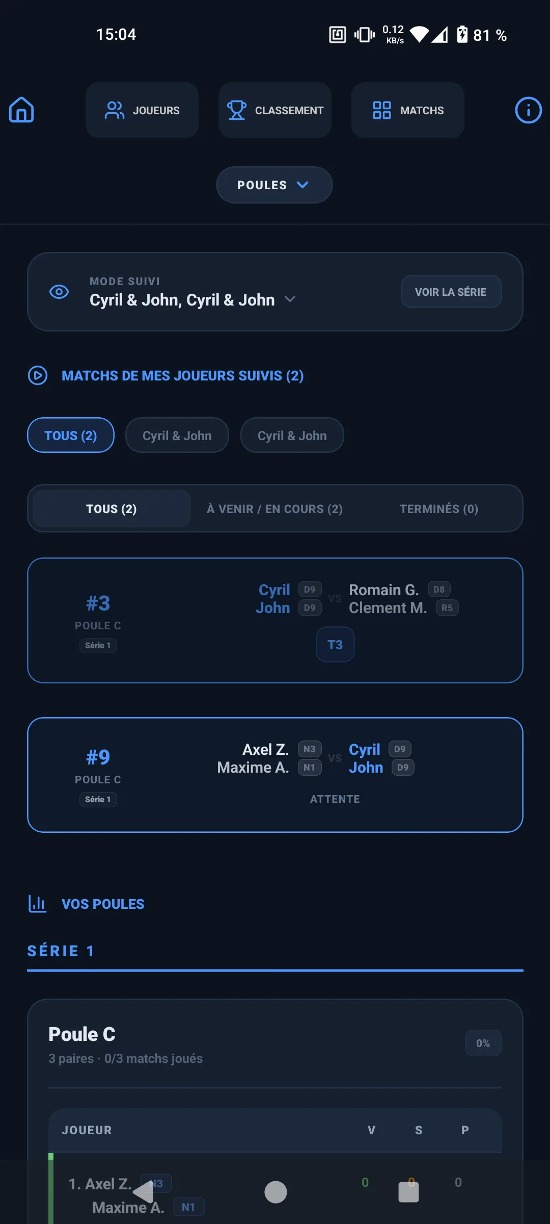 Mode Suivi - Terrains et prochains matchs