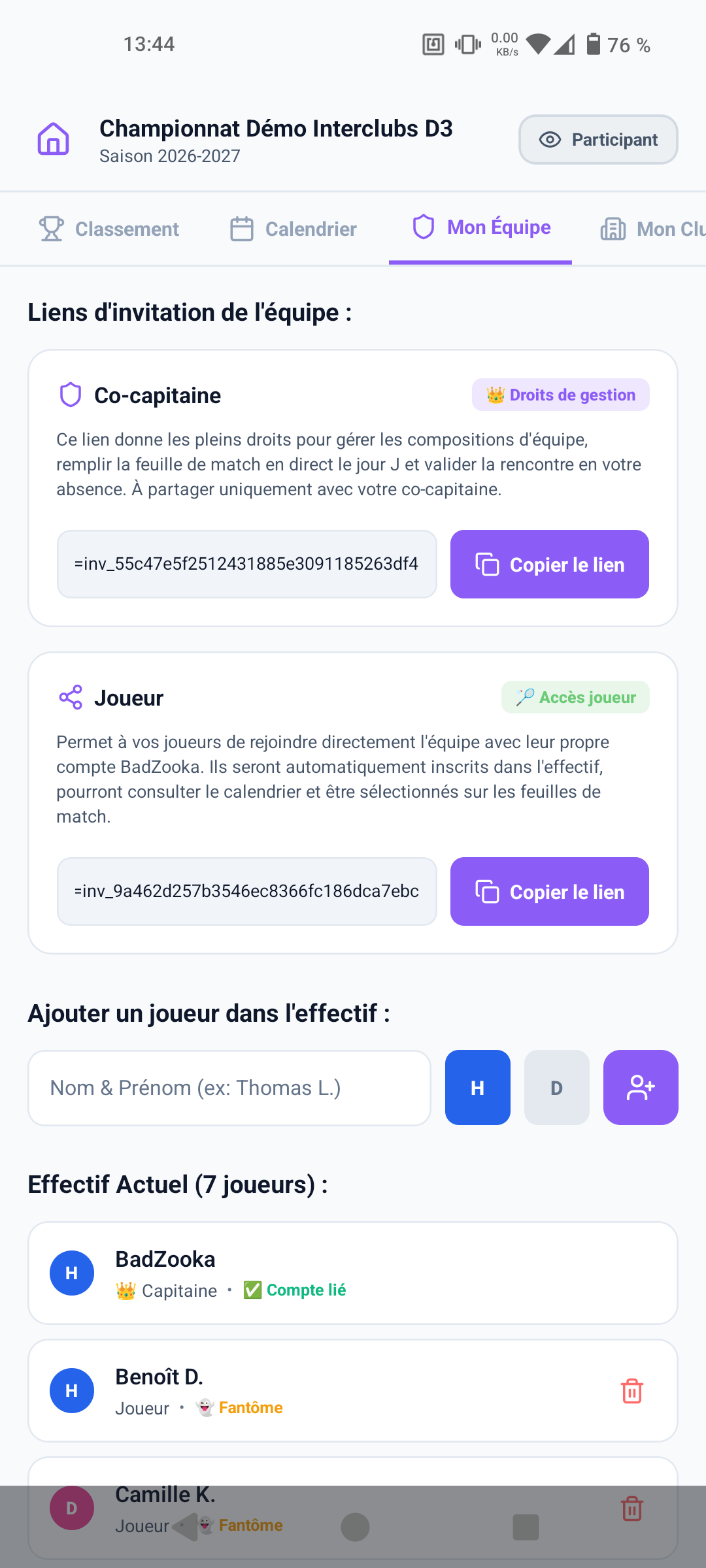 Mon Équipe - Liens d'invitation (Capitaine/Joueur) et effectif (Joueurs fantômes)