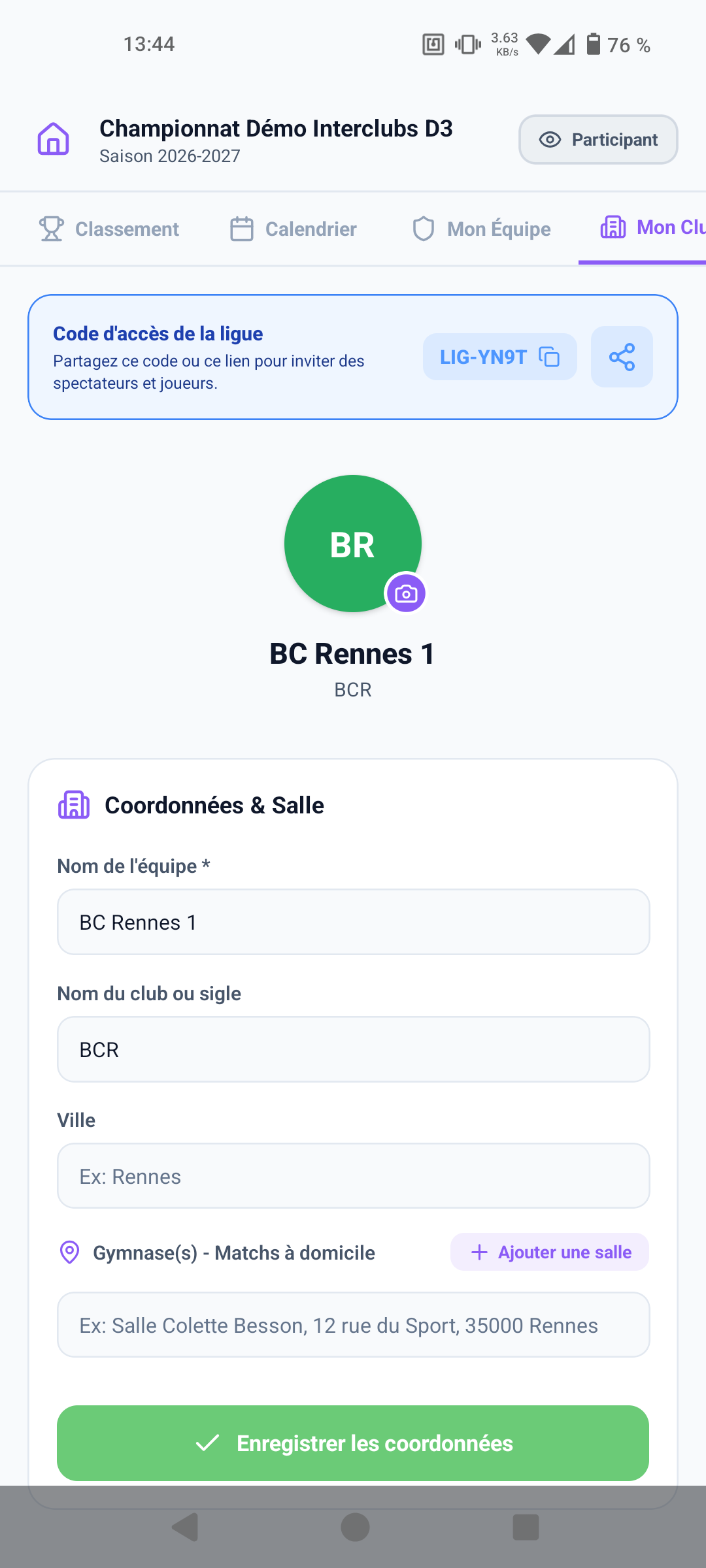 Mon Club - Coordonnées de l'équipe et gestion des gymnases