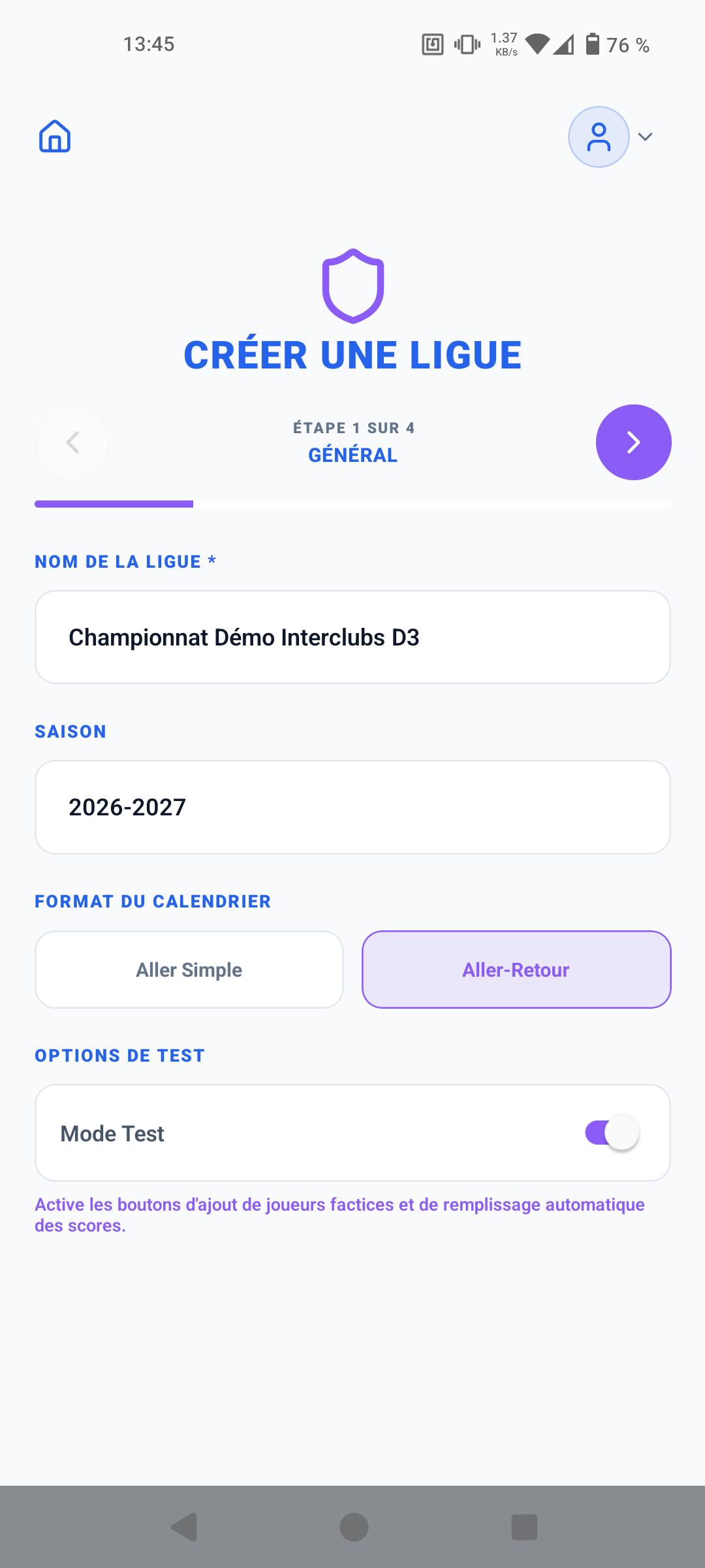 Créer une ligue - Étape 1 : Généralités, saison et mode test
