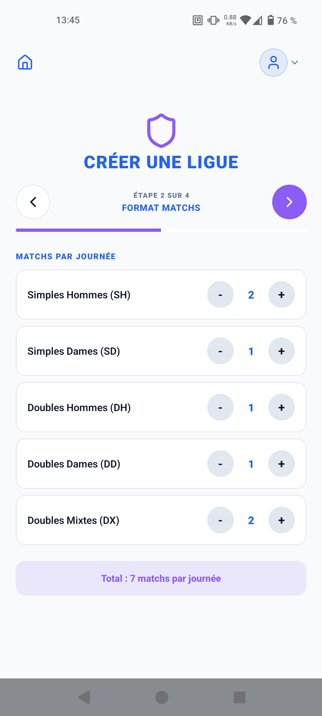 Créer une ligue - Étape 2 : Format des matchs (SH, SD, DH, DD, DX)