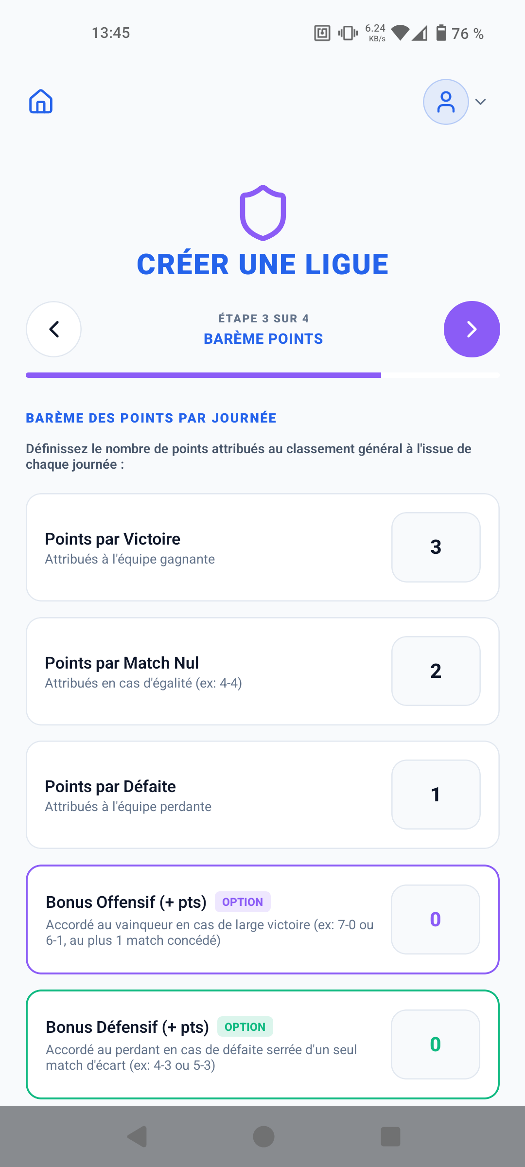 Créer une ligue - Étape 3 : Barème des points et bonus