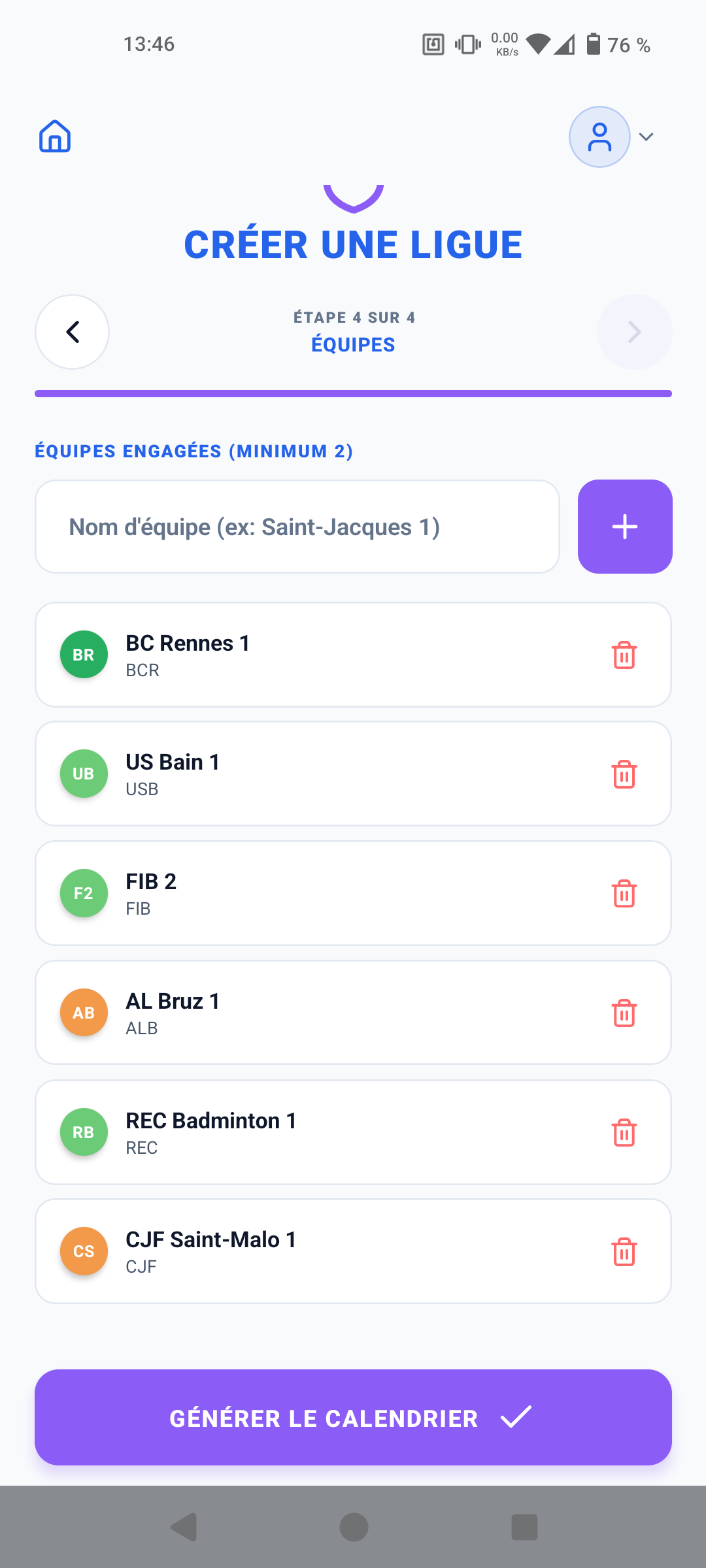 Créer une ligue - Étape 4 : Déclaration des équipes et génération du calendrier